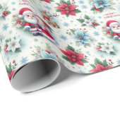 Papier Cadeau M. et Mme Claus, Rudolph, Poinsettias et Holly (Coin rond)