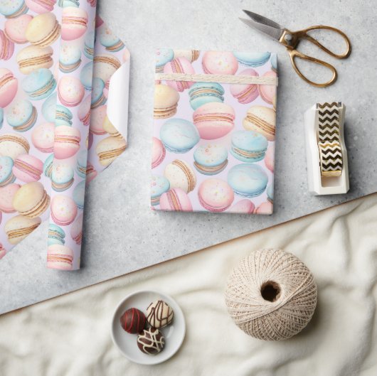 Papier Cadeau Macarons Rose Bleu Jaune Anniversaire   (Artisanat)