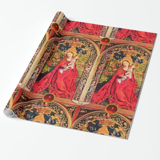 PAPIER CADEAU MADONNA DU ROSE BOWER, ROUGE RUBY GEMSTONES (Déroulé)