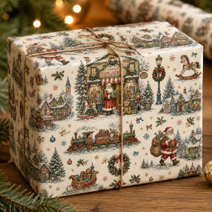 Papier Cadeau Magasin de jouets du Père Noël coloré Village Noël