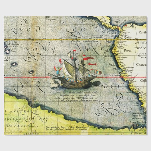 Papier Cadeau Magellans navire Victoria, Antique Carte Océan Pac (Plat)