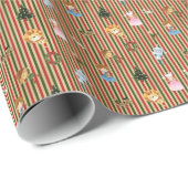 Papier Cadeau Magicien d'Oz à Noël rayé rouge/vert/crème (Coin rond)