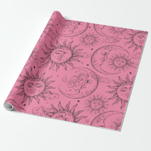 Papier Cadeau Magie Rose Vintage Céleste Soleil Lune Étoiles