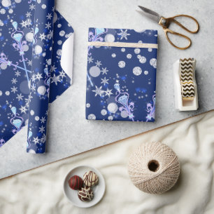 Papier Cadeau Magique Blue Snowflakes Wand Motif Holiday