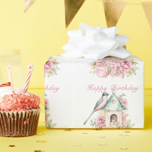Papier Cadeau Magnifique Maison d'oiseau à l'aquarelle Fleurs Ro (Fête d'anniversaire)