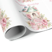 Papier Cadeau Magnifique Maison d'oiseau à l'aquarelle Fleurs Ro (Coin rond)