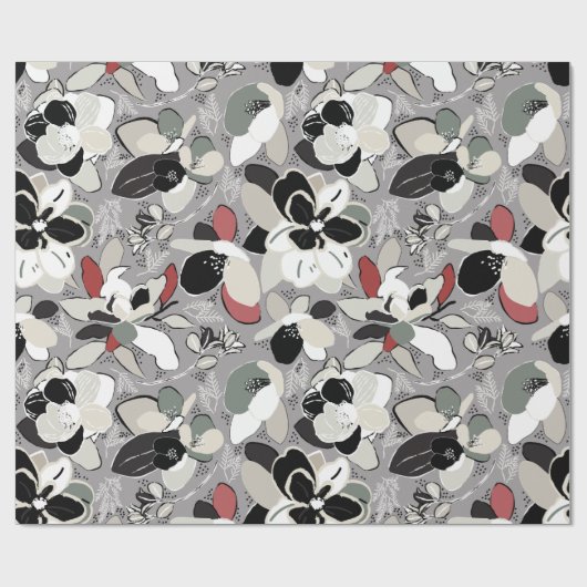 Papier Cadeau Magnolia d'hiver gris noir (Plat)