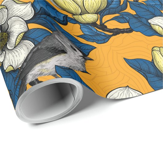 Papier Cadeau Magnolia en floraison et oiseau de tireur 3 (Coin rond)