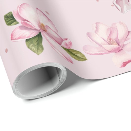 Papier Cadeau Magnolia Floral Aquarelle Rose Pâle Cadeau (Coin rond)