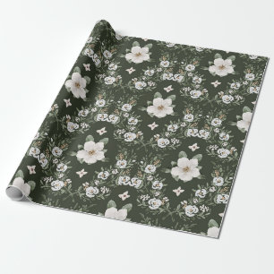 Papier Cadeau Magnolia Floral Aquarelle Vert Foncé Vintage
