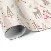 Papier Cadeau Main moderne dessinée arbres de Noël et cerfs (Coin rond)