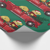 Papier Cadeau Main tiré Goldendoodles Camion de Noël Rouge (Coin)