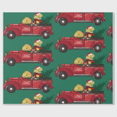 Papier Cadeau Main tiré Goldendoodles Camion de Noël Rouge (Plat)
