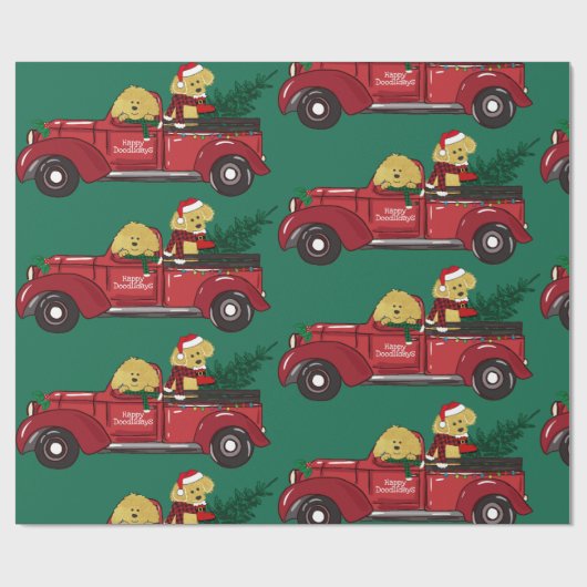 Papier Cadeau Main tiré Goldendoodles Camion de Noël Rouge (Plat)