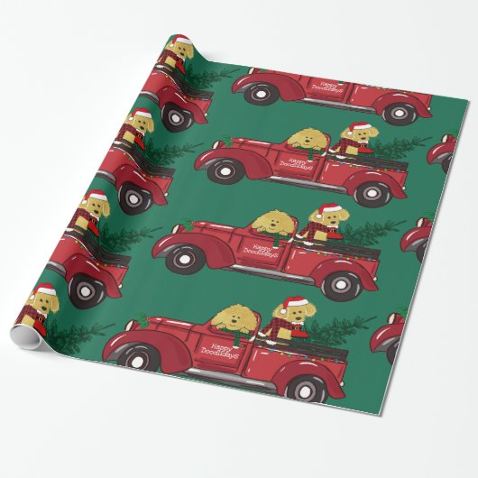 Papier Cadeau Main tiré Goldendoodles Camion de Noël Rouge (Déroulé)