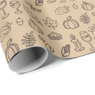 Papier Cadeau Main Whimsical Tirée Doodle Brown Thanksgiving