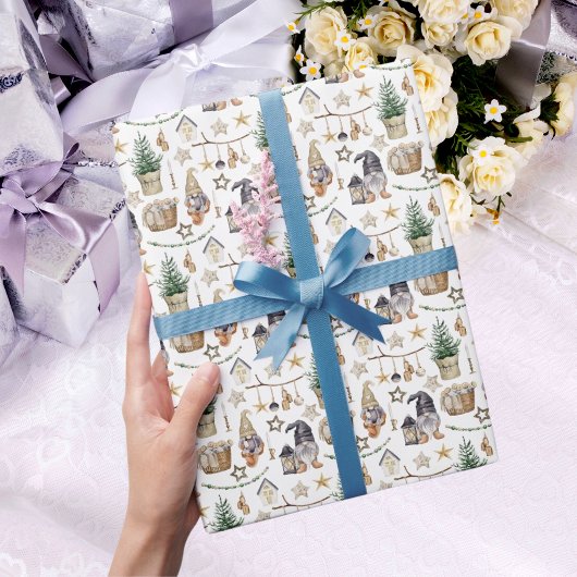 Papier Cadeau Maison de ferme gnomes de Noël scandi