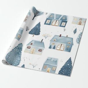 Papier Cadeau Maison de Noël bleue et arbres