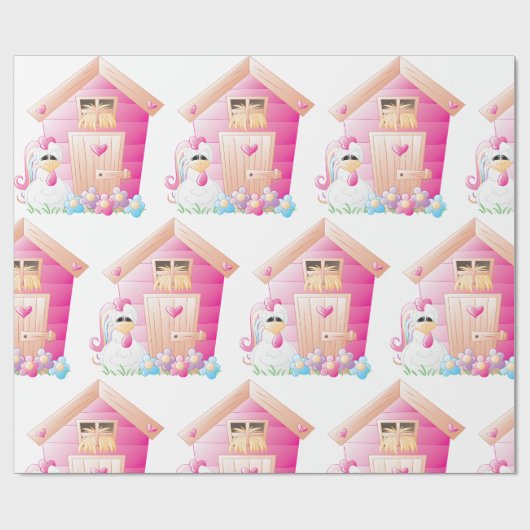 Papier Cadeau Maison de poulets et de poules roses avec fleurs (Plat)