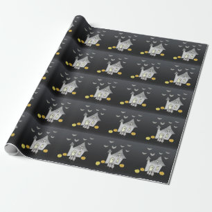 Papier Cadeau Maison d'Halloween, chats noirs, chauves-souris, c