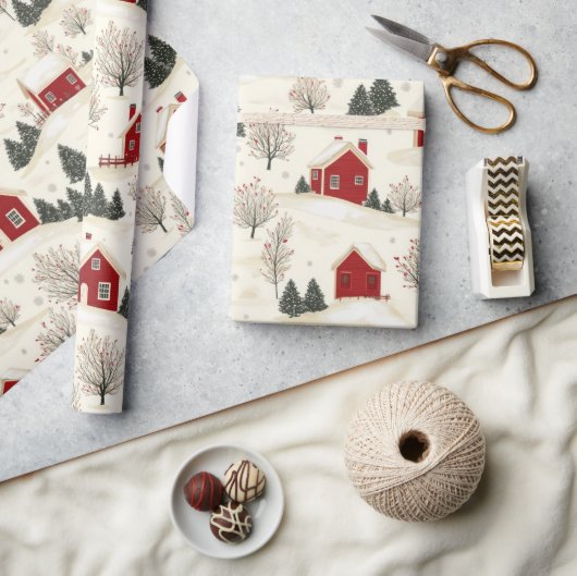 Papier Cadeau Maison d'hiver rouge de style ferme et arbres (Artisanat)