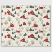 Papier Cadeau Maison d'hiver rouge de style ferme et arbres (Plat)