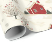 Papier Cadeau Maison d'hiver rouge de style ferme et arbres (Coin rond)