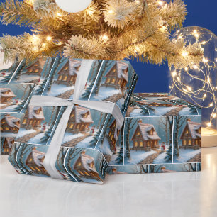 Papier Cadeau Maison en pain d'épice de Noël avec un bonhomme de