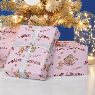 Papier Cadeau Maison en pain d'épice mignonne Noël rose