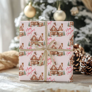 Papier Cadeau Maison en pain d'épices rose Joyeux Noël