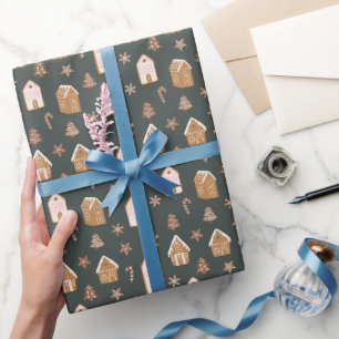 Papier Cadeau Maison en pain d'épices rose motif de Noël