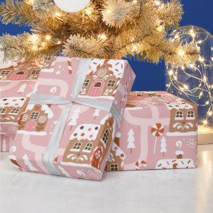Papier Cadeau Maison en pain d'épices rose Village d'hiver Canne