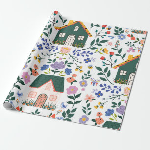 Papier Cadeau Maison et jardin d'art populaire Cottagecore fanta