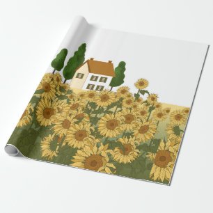 Papier Cadeau Maison, grands arbres et un champ de tournesols da