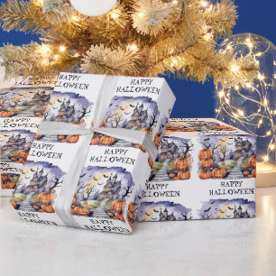 Papier Cadeau Maison hantée avec Citrouilles et chauves-souris H