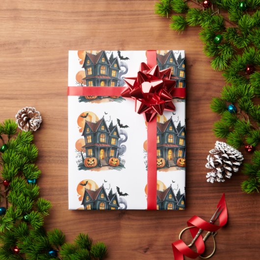 Papier Cadeau Maison hantée avec Citrouilles et chauves-souris H (Cadeau de vacances)