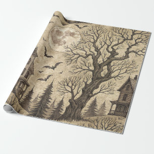Papier Cadeau Maison hantée vintage & pleine lune