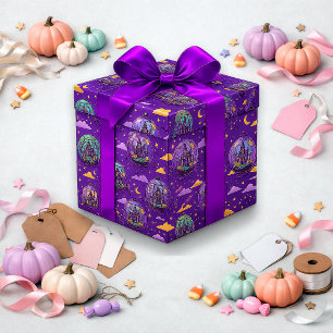 Papier Cadeau Maison Hantée Violette Fantaisiste Motif d'Hallowe