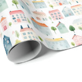 Papier Cadeau Maisons couleur aquarelle (Coin rond)