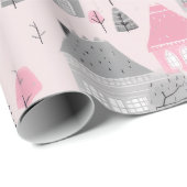 Papier Cadeau Maisons de Noël gris blanc rose (Coin rond)