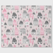 Papier Cadeau Maisons de Noël grises blanches sur fond rose (Plat)