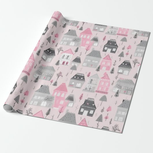 Papier Cadeau Maisons de Noël grises blanches sur fond rose (Déroulé)