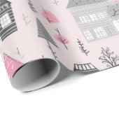 Papier Cadeau Maisons de Noël grises blanches sur fond rose (Coin rond)