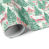 Papier Cadeau Maisons de Noël rouges et vertes (Coin rond)