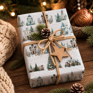 Papier Cadeau Maisons d'hiver bleues élégantes Motif de Noël