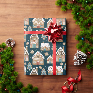 Papier Cadeau Maisons et biscuits en pain d'épices mignons Bleu