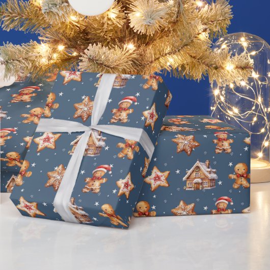 Papier Cadeau Maisons et hommes en pain d'épice sur les étoiles (Vacances)