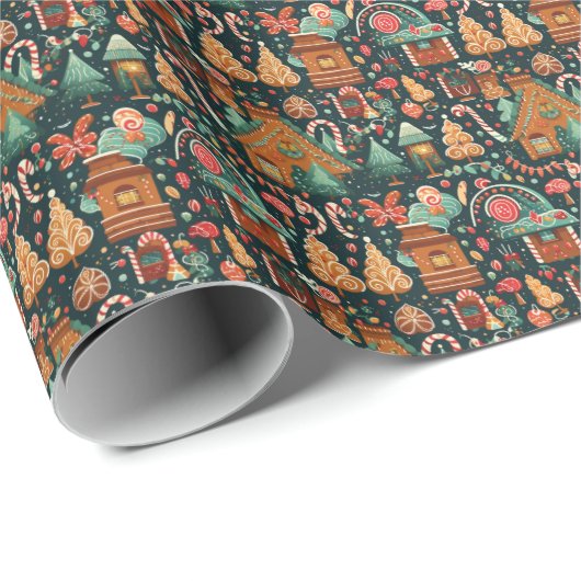 Papier Cadeau Maisons Joyeuses en pain d'épice - Noël classique (Coin rond)