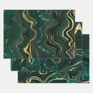 Papier Cadeau Malachite vert foncé et veines de feuille d'or