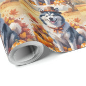 Papier Cadeau Malamute d'Alaska en automne quitte Thanksgiving A (Coin rond)